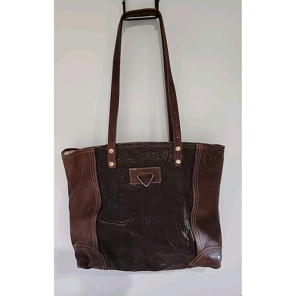 Myra Bag Brown Leather Canvas Tote Shoulder Bag Contrast Stitch Boho Large